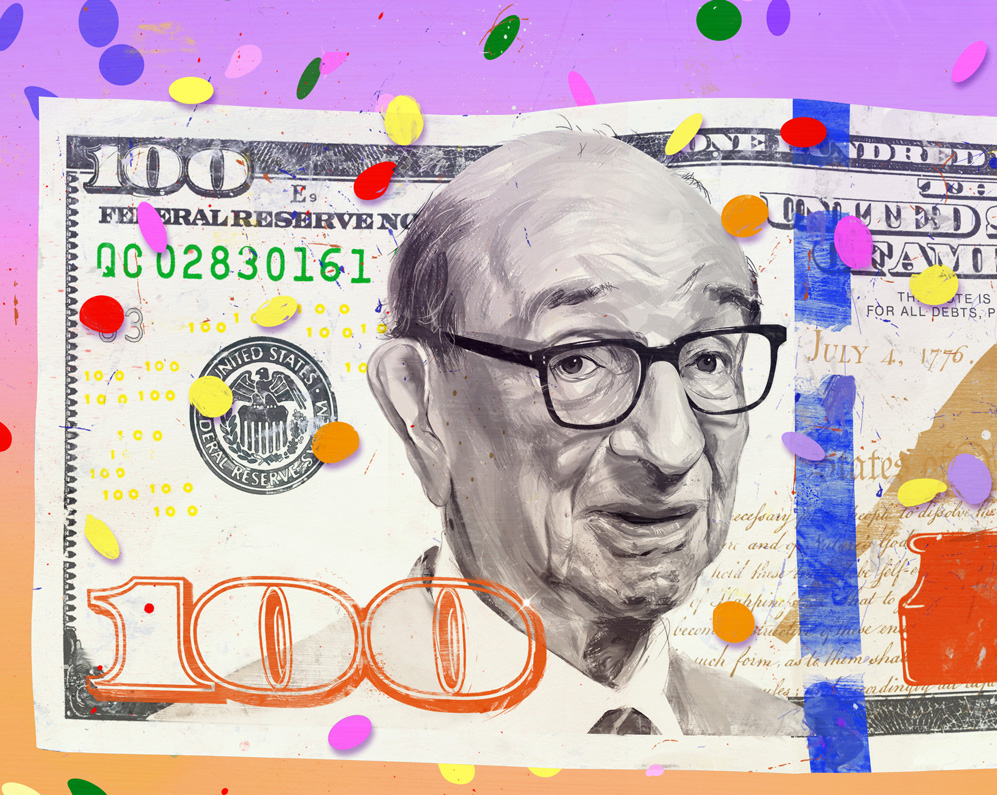 portrait of Alan Greenspan on 100 Dollar bill