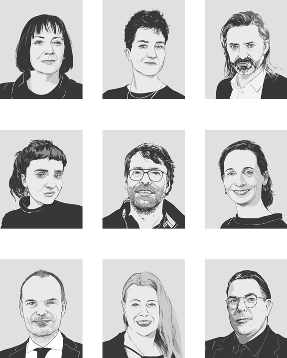 nine drawn portraits in black and white