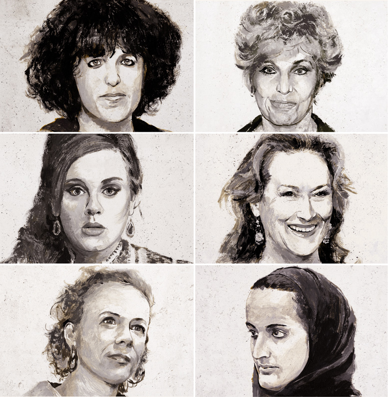 monochrome painted acrylic portraits of female celebrities