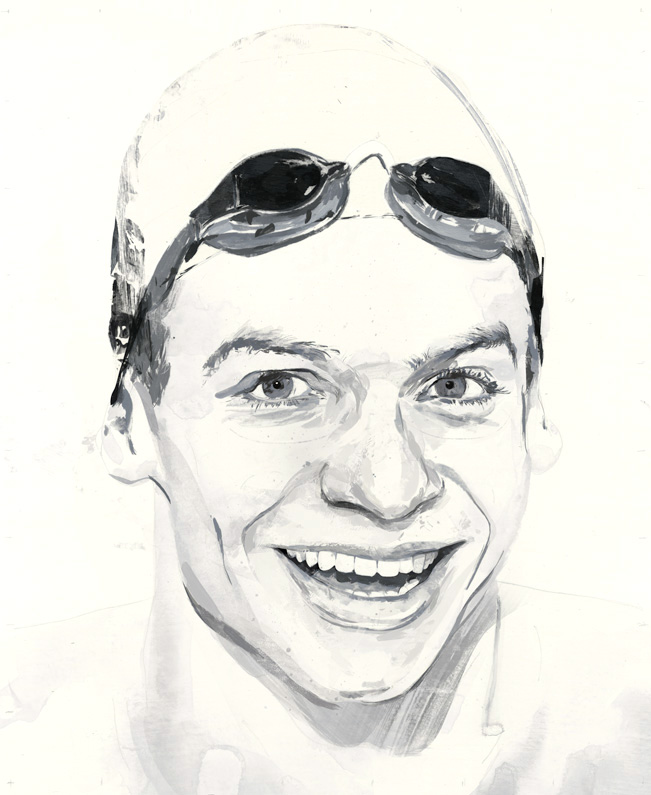 painted portrait of Leon Marchand with swim cap