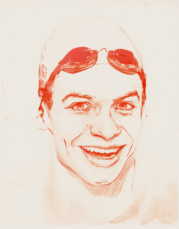 painted portrait of Leon Marchand with swim cap