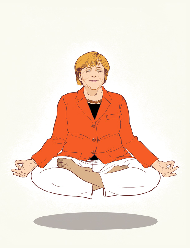 Angela Merkel hovering in yoga posture